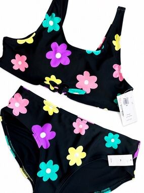 Old Navy Black Swim bikini set Black Neon Floral Girls XXL 18